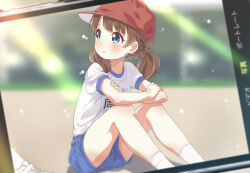 Rule 34 | 1girl, arm rest, blue eyes, blue shorts, blurry, blurry background, blush, brown hair, cellphone, commentary, day, eyelashes, flat chest, hat, highres, idolmaster, idolmaster million live!, legs, looking at another, medium hair, name tag, on floor, outdoors, parted lips, phone, photo (object), red hat, shirt, short sleeves, short twintails, shorts, sitting, smartphone, socks, solo, suou momoko, thighs, toma (shinozaki), twintails, white shirt, white socks