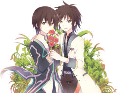 Rule 34 | 2boys, black hair, coat, dual persona, flower, gloves, hand on another&#039;s shoulder, jude mathis, male focus, multiple boys, pants, plant, red flower, red rose, rento (rukeai), rose, simple background, smile, tales of (series), tales of xillia, tales of xillia 2, white background, yellow eyes