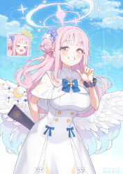 Rule 34 | &gt; &lt;, +++, 1girl, angel wings, blue archive, blush, breasts, capelet, crescent, crescent pin, dress, feathered wings, grin, hair bun, halo, highres, large breasts, long hair, looking at viewer, mika (blue archive), multiple views, open mouth, pink hair, pink halo, single side bun, smile, suga masashi, white capelet, white dress, white wings, wings, yellow eyes