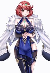 Rule 34 | 1girl, absurdres, alternate costume, asymmetrical gloves, breasts, chest jewel, cosplay, genshin impact, gloves, highres, jacket, jacket on shoulders, langspower, large breasts, mismatched gloves, pyra (xenoblade), red eyes, red hair, short hair, simple background, solo, swept bangs, white background, xenoblade chronicles (series), xenoblade chronicles 2, yelan (genshin impact), yelan (genshin impact) (cosplay)