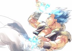Rule 34 | 1boy, blue eyes, blue hair, dragon ball, dragon ball super, dragon ball super broly, energy ball, fighting stance, fingernails, floating, gogeta, grin, highres, looking away, male focus, muscular, pants, profile, short hair, simple background, smile, solo, spiked hair, stomach, super saiyan, super saiyan blue, waistcoat, white background, white pants, wristband, yosi (yosi ton)