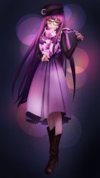 Rule 34 | 1girl, alternate costume, amino (tn7135), beret, bespectacled, boots, crescent, crescent pin, female focus, floral print, frown, full body, glasses, gradient background, hat, jewelry, long hair, patchouli knowledge, purple hair, ring, scarf, skirt, solo, touhou