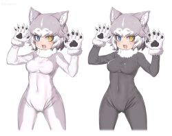 Rule 34 | 1girl, :3, :d, animal ear fluff, animal ears, animal hands, black bodysuit, blue eyes, bodysuit, breasts, cameltoe, claws, commentary, covered navel, cowboy shot, dog (mixed breed) (kemono friends), dog ears, fangs, fur collar, gloves, gluteal fold, grey bodysuit, grey hair, hands up, heterochromia, kemono friends, looking at viewer, medium breasts, multicolored bodysuit, multicolored clothes, multicolored hair, multiple views, nyifu, open mouth, paw gloves, short hair, simple background, smile, two-tone hair, white background, white bodysuit, white hair, yellow eyes