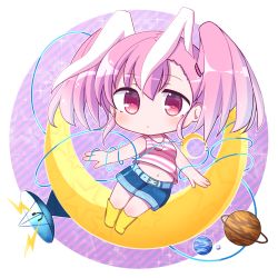 Rule 34 | 1girl, animal ears, bare arms, bare shoulders, blue shorts, boots, breasts, chibi, closed mouth, commentary request, copyright request, crescent, crop top, diagonal stripes, hair between eyes, highres, lightning bolt symbol, looking at viewer, midriff, navel, pink hair, planet, planetary ring, rabbit ears, red eyes, rensei, satellite dish, shirt, short shorts, shorts, sleeveless, sleeveless shirt, small breasts, solo, striped background, striped clothes, striped shirt, twintails, yellow footwear
