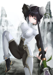 Rule 34 | 1girl, absurdres, arm guards, black hair, blush, bodysuit, breasts, bun cover, cameltoe, chinese clothes, closed mouth, colored eyelashes, covered erect nipples, covered navel, double bun, fate/grand order, fate (series), fighting stance, fingerless gloves, gloves, green eyes, hair bun, highres, holding, holding weapon, leg up, medium breasts, mountain, nekobell, outdoors, polearm, qin liangyu (fate), sidelocks, skin tight, solo, spear, standing, standing on one leg, thighs, weapon