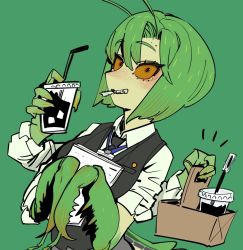 Rule 34 | 1girl, arthropod girl, basket, black eyes, black vest, blush, colored sclera, cup, disposable cup, drinking straw, extra arms, green hair, green theme, holding, holding basket, holding cup, lanyard, long sleeves, looking at viewer, mantis-chan (sparrowl), mantis girl, medium hair, monster girl, mouth hold, original, sharp teeth, shirt, short sleeves, smile, solo, sparrowl, teeth, vest, white shirt, yellow sclera