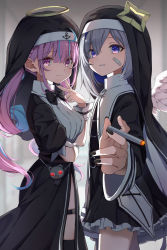 Rule 34 | 2girls, amane kanata, angel wings, bandaid, bandaid on face, black bow, black bowtie, black dress, black nails, black veil, blue eyes, blue hair, bow, bowtie, cigarette, closed mouth, colored inner hair, commentary request, dress, drill hair, eyes visible through hair, from side, hair between eyes, halo, highres, holding, holding cigarette, hololive, kamippoina (vocaloid), long sleeves, looking to the side, minato aqua, multicolored hair, multiple girls, nail polish, neko (minato aqua), nun, parted lips, pink eyes, pink hair, silver hair, smile, star halo, summer tail720, twin drills, twintails, v, veil, virtual youtuber, vocaloid, wings, wrist cuffs