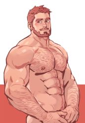 Rule 34 | 1boy, abs, arm hair, bara, beard, chest hair, completely nude, covering privates, covering crotch, cowboy shot, dopey (dopq), facial hair, hairy, highres, large pectorals, light brown hair, male focus, mature male, muscular, muscular male, navel, navel hair, nipples, nude, original, pectorals, short hair, smile, solo, stomach