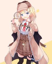 Rule 34 | 1girl, absurdres, black thighhighs, blonde hair, blue eyes, blush, brown coat, brown hat, clock, coat, deerstalker, facial hair, fake facial hair, fake mustache, fujimaki nora, grin, hair ornament, hat, high-waist skirt, highres, holding, hololive, hololive english, long sleeves, magnifying glass, medium hair, mustache, open mouth, plaid, plaid skirt, red neckwear, shirt, simple background, skirt, smile, solo, sparkle, thighhighs, two-tone background, virtual youtuber, watson amelia, white shirt