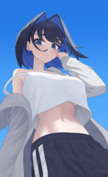 Rule 34 | 1girl, absurdres, alternate costume, bare shoulders, black pants, blue bow, blue eyes, blue hair, bow, bow earrings, breasts, colored inner hair, commentary, crop top, earrings, english commentary, gihachii, hair intakes, hand in own hair, hand up, highres, hololive, hololive english, jewelry, large breasts, long hair, long sleeves, looking at viewer, midriff, multicolored hair, navel, off shoulder, ouro kronii, pants, shirt, short hair, short shorts, shorts, sidelocks, simple background, solo, stomach, two-tone hair, underboob, very long hair, virtual youtuber, white shirt