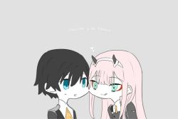 Rule 34 | 10s, 1boy, 1girl, bad id, bad twitter id, black hair, blue eyes, copyright name, couple, darling in the franxx, face-to-face, green eyes, heart, hiro (darling in the franxx), horns, lips, long hair, looking at another, military, military uniform, necktie, oni horns, pink hair, short hair, sui 0427, sweatdrop, uniform, wide face, zero two (darling in the franxx)