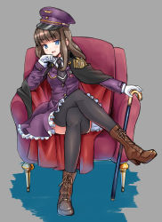 Rule 34 | 1girl, armchair, black cape, black necktie, black thighhighs, blue eyes, blunt bangs, blush, boots, brown footwear, brown hair, cane, cape, chair, collared shirt, commentary request, cross-laced footwear, crossed legs, fang, gloves, grey background, hand on cane, hat, head tilt, jacket, kurosu aroma, lace-up boots, long hair, long sleeves, looking at viewer, military hat, military jacket, multicolored cape, multicolored clothes, necktie, okiru, open mouth, peaked cap, pretty series, pripara, purple hat, purple jacket, purple skirt, red cape, shirt, short necktie, skirt, solo, thighhighs, v-shaped eyebrows, white gloves, white shirt