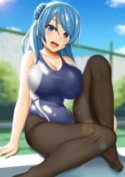 Rule 34 | 1girl, absurdres, abukobato, black pantyhose, blue eyes, blue hair, blue sky, blue one-piece swimsuit, blurry, breasts, bush, chain-link fence, cloud, competition swimsuit, day, depth of field, double bun, doughnut hair bun, feet out of frame, fence, hair bun, highres, kantai collection, large breasts, lens flare, looking at viewer, medium hair, one-piece swimsuit, open mouth, outdoors, pantyhose, pantyhose under swimsuit, sitting, sky, smile, solo, swimsuit, thighband pantyhose, urakaze (kancolle)