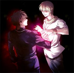 Rule 34 | 2boys, blonde hair, bracelet, brown hair, command spell, fate/zero, fate (series), gilgamesh (fate), glowing, glowing eyes, jewelry, kotomine kirei, male focus, md5 mismatch, multiple boys, necklace, official alternate costume, red eyes, resolution mismatch, source larger, zihad
