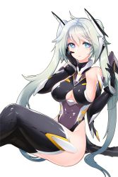 Rule 34 | 1girl, bare shoulders, black gloves, black thighhighs, blue eyes, blush, breasts, cleavage, elbow gloves, gloves, headgear, highres, large breasts, leotard, long hair, looking at viewer, meg (soccer spirits), multicolored eyes, navel, purple eyes, see-through, silver hair, smile, snowball22, soccer spirits, solo, tail, thighhighs, transparent background, twintails, very long hair