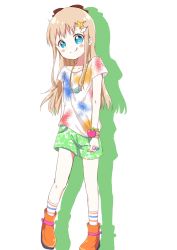 Rule 34 | 1girl, aged down, blonde hair, blush stickers, bow, bracelet, hair bow, hair ornament, highres, jewelry, long hair, mearian, necklace, ring, shirt, short shorts, shorts, simple background, solo, standing, striped legwear, t-shirt, tongue, tongue out, toshinou kyouko, yuru yuri