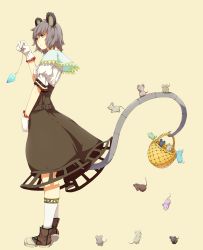 Rule 34 | 1girl, animal ears, bad id, bad pixiv id, basket, capelet, dress, female focus, full body, grey hair, highres, jewelry, mouse (animal), mouse ears, mouse tail, nazrin, pendant, realistic, red eyes, short hair, solo, sousou (sousouworks), standing, tail, touhou
