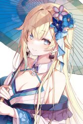 Rule 34 | 1girl, absurdres, aizawa ema, blonde hair, blue eyes, blue flower, breasts, cleavage, closed mouth, detached collar, flower, hair flower, hair intakes, hair ornament, highres, holding, holding umbrella, japanese clothes, kimono, long hair, long sleeves, looking at viewer, medium breasts, misyune, simple background, smile, solo, umbrella, upper body, virtual youtuber, vspo!, white background, white kimono