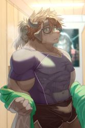 Rule 34 | 1boy, animal ears, animal nose, bara, birry, black-framed eyewear, braid, brown hair, bulge, catoblepas (housamo), commentary request, covered abs, cowboy shot, film grain, furry, furry male, glasses, green eyes, green jacket, highres, horns, indoors, jacket, long hair, looking at viewer, male focus, muscular, muscular male, obliques, open mouth, pectoral cleavage, pectorals, ponytail, purple shirt, removing jacket, shirt, shorts, skin tight, snout, solo, sweat, thick eyebrows, tokyo houkago summoners