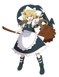 Rule 34 | 1girl, apron, black dress, black footwear, blonde hair, boots, bow, broom, buttons, checkered background, commentary request, creatures (company), dress, eyebrows hidden by hair, frilled dress, frilled skirt, frills, game freak, gogo no cochan, grey background, hat, hat bow, highres, holding, holding broom, kirisame marisa, looking at viewer, nintendo, open mouth, poke ball, pokemon, puffy sleeves, short sleeves, skirt, solo, standing, textless version, touhou, ultra ball, waist apron, white bow, witch hat, yellow eyes