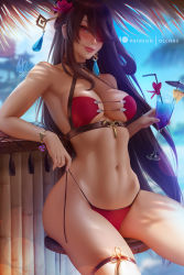 Rule 34 | 1girl, beidou (genshin impact), bikini, blurry, blurry background, blush, breasts, brown hair, colored eyepatch, cup, drinking glass, eyepatch, flower, genshin impact, hair flower, hair ornament, hair over one eye, hair stick, large breasts, lips, long hair, looking at viewer, navel, olchas, one eye covered, panties, red eyes, side-tie panties, sitting, smile, solo, swimsuit, thigh strap, underwear, untied bikini, untied panties