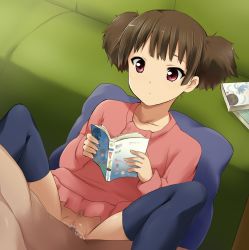 Rule 34 | 00s, 1boy, 1girl, black thighhighs, book, bored, censored, clothed female nude male, clothed sex, clothes lift, couch, emotionless sex, expressionless, female pubic hair, hetero, houbunsha, k-on!, kaiga, long legs, manga (object), mosaic censoring, multitasking, no panties, nude, open book, penis, petite, pillow, pubic hair, pussy, reading, red eyes, sex, short hair, short twintails, skirt, skirt lift, solo focus, spread legs, suzuki jun, thighhighs, twintails, unamused, vaginal