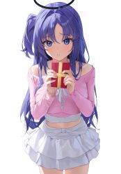 Rule 34 | 1girl, absurdres, blue archive, blush, box, gift, gift box, halo, hido88, highres, holding, holding gift, long hair, long sleeves, looking at viewer, mechanical halo, one side up, open mouth, pink shirt, pleated skirt, purple eyes, purple hair, shirt, simple background, skirt, solo, white background, white skirt, yuuka (blue archive)
