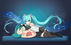 Rule 34 | 1girl, absurdres, aqua eyes, aqua hair, black footwear, boots, detached sleeves, dopamine70, floating hair, full body, hachune miku, hatsune miku, headphones, highres, long hair, looking at viewer, lying, musical note, number tattoo, on side, skirt, smile, solo, tattoo, thigh boots, thighhighs, twintails, very long hair, vocaloid