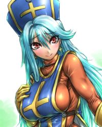 Rule 34 | 1girl, amania orz, aqua hair, blush, bodysuit, breasts, closed mouth, cross, dragon quest, dragon quest iii, earrings, gloves, hat, jewelry, large breasts, long hair, looking at viewer, mitre, orange bodysuit, priest (dq3), red eyes, skin tight, smile, solo, tabard