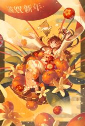 Rule 34 | 1girl, animal, arms up, brown eyes, brown hair, flower, food, frilled kimono, frills, fruit, full body, furisode, geta, hair flower, hair ornament, highres, in basket, japanese clothes, kimono, long hair, long sleeves, looking up, mandarin orange, mkt ocha, new year, open mouth, orange blossoms, original, oversized food, oversized object, rabbit, solo, tabi, translation request, very long sleeves, wide sleeves