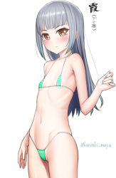 Rule 34 | 10s, 1girl, bad id, bad pixiv id, bare shoulders, bikini, blunt bangs, blush, brown eyes, collarbone, commentary request, flat chest, green bikini, jewelry, kantai collection, kanzaki muyu, kasumi (kancolle), long hair, looking at viewer, micro bikini, navel, ring, silver hair, simple background, solo, striped bikini, striped clothes, swimsuit, twitter username, wedding band, white background