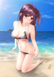 Rule 34 | 10s, 1girl, ahoge, bare arms, bare shoulders, barefoot, beach, bikini, bikini pull, blue sky, blush, breasts, clothes pull, collarbone, covered erect nipples, day, driftkingtw, full body, hagikaze (kancolle), highres, horizon, island, kantai collection, kneeling, large breasts, long hair, looking at viewer, mouth hold, navel, nose blush, ocean, one side up, outdoors, purple eyes, purple hair, shiny skin, side ponytail, sky, smile, solo, sunlight, swimsuit, undressing, untied bikini, water, wet
