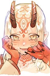 Rule 34 | 1girl, blonde hair, close-up, crying, crying with eyes open, facial mark, fate/grand order, fate (series), fingernails, forehead mark, horns, ibaraki douji (fate), isagiyo, japanese clothes, kimono, long hair, looking at viewer, oni, oni horns, parted lips, pointy ears, sharp fingernails, single bare shoulder, sketch, straight-on, tears, wiping tears, yellow eyes, yellow kimono