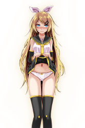 Rule 34 | 1girl, alternate hair length, alternate hairstyle, blonde hair, blue eyes, blush, bow, breasts, clothes lift, detached sleeves, embarrassed, future style (module), hair bow, hair ornament, hairclip, highres, kagamine rin, lifted by self, long hair, navel, aged up, panties, project diva (series), skirt, skirt lift, sleeveless, solo, thighhighs, tsukishiro saika, underwear, very long hair, vocaloid