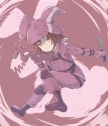 Rule 34 | 1girl, animal ears, animal hat, boots, brown eyes, brown hair, bullpup, commentary, full body, gloves, grin, gun, hair between eyes, hat, highres, hikari niji, holding, holding gun, holding knife, holding weapon, jacket, knife, llenn (sao), long sleeves, looking at viewer, outstretched arm, p-chan (p90), p-chan (sao), p90, pants, personal defense weapon, pink gloves, pink hat, pink jacket, pink pants, purple footwear, rabbit ears, rabbit hat, sharp teeth, smile, solo, submachine gun, sword art online, sword art online alternative: gun gale online, teeth, v-shaped eyebrows, weapon
