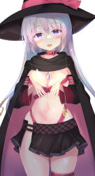 Rule 34 | 1girl, :d, absurdres, ayachi nene, belt, belt bra, belt collar, black cloak, black hat, black skirt, blush, bow, breasts, cleavage, cloak, collar, commentary, cowboy shot, curvy, detached sleeves, eyelashes, eyes visible through hair, feathers, grey hair, hair between eyes, hair ribbon, hands up, hat, hat bow, head tilt, highres, hip vent, large breasts, long hair, long sleeves, looking at viewer, midriff, miniskirt, navel, open hands, open mouth, pink belt, pink bow, pink cloak, pleated skirt, purple eyes, purunyara, ribbon, sanoba witch, simple background, skindentation, skirt, smile, solo, standing, stomach, straight-on, thigh belt, thigh strap, thighs, tsurime, two-tone cloak, underlighting, very long hair, white background, white feathers, wide sleeves, witch, witch hat, yellow ribbon