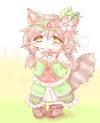 Rule 34 | 1girl, artemis (cat busters), artist request, boots, brown hair, cat, cat busters, flower, furry, furry female, green eyes, hair flower, hair ornament, head wreath, long hair, smile, solo