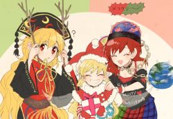 Rule 34 | 3girls, :o, ?, antlers, bare shoulders, black choker, black headwear, black shirt, blonde hair, blue shirt, blue sleeves, blush, bow, capelet, chain, chinese clothes, choker, christmas, closed eyes, closed mouth, clothes writing, clownpiece, commentary request, crescent, dress, earth (ornament), eyelashes, fairy wings, fur-trimmed capelet, fur-trimmed gloves, fur trim, gift, gloves, gold chain, grey dress, grey sleeves, grin, hair between eyes, hands on another&#039;s shoulders, hat, hecatia lapislazuli, holding, holding gift, horns, itomugi-kun, jester cap, junko (touhou), long hair, long sleeves, looking at viewer, medium hair, moon (ornament), multicolored background, multicolored clothes, multicolored shirt, multiple girls, neck ribbon, off shoulder, open mouth, phoenix crown, pom pom (clothes), red capelet, red eyes, red gloves, red hair, red headwear, red shirt, red sleeves, red vest, reindeer antlers, ribbon, shirt, short sleeves, smile, star (symbol), star print, striped clothes, striped shirt, t-shirt, tabard, tassel, teeth, touhou, vest, white shirt, white sleeves, wide sleeves, wings, wrist cuffs, yellow bow, yellow ribbon