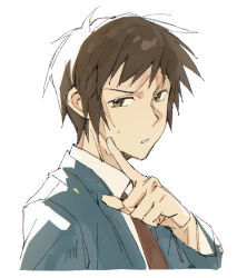 1boy collared_shirt commentary_request green_jacket highres jacket kita_high_school_uniform kyon long_sleeves male_focus necktie red_necktie school_uniform shirt short_hair simple_background solo suzumiya_haruhi_no_yuuutsu sweatdrop tatsuki_kurisu white_background white_shirt winter_uniform