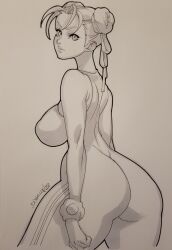 Rule 34 | 1girl, ass, bare shoulders, bodysuit, breasts, capcom, chun-li, daikon (artist), hair buns, highres, huge ass, large breasts, leotard, monochrome, solo, street fighter, street fighter zero (series), thick thighs, thighs