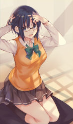 Rule 34 | 1girl, adjusting hair, black-framed eyewear, blue eyes, blue hair, bow, bowtie, breasts, buttons, ciel (tsukihime), collared shirt, commentary request, cushion, glasses, green bow, grey skirt, hand in own hair, highres, hipo, indoors, kneehighs, large breasts, long sleeves, looking at viewer, miniskirt, open mouth, school uniform, seiza, shadow, shirt, short hair, sitting, skirt, smile, socks, solo, thighs, tsukihime, tsukihime (remake), uniform, vest, white shirt, yellow vest, zabuton