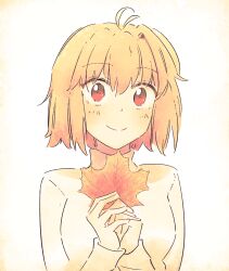 1girl ahoge antenna_hair arcueid_brunestud blonde_hair blush breasts hidariyana highres holding holding_leaf leaf looking_at_viewer maple_leaf red_eyes short_hair smile sweater tsukihime turtleneck turtleneck_sweater upper_body white_sweater