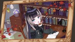 Rule 34 | 1girl, autumn leaves, black choker, black dress, black gloves, black hair, blue eyes, blunt bangs, book, bookshelf, choker, cup, desk lamp, dress, gloves, gothic lolita, grey hair, holding, holding cup, hololive, hololive dev is, juufuutei raden, lace-trimmed choker, lace trim, lamp, lolita fashion, looking at viewer, multicolored hair, nobume, open mouth, picture frame, sidelocks, smile, streaked hair, virtual youtuber