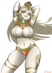 Rule 34 | 1girl, blonde hair, breasts, cleavage, cleopatra (shin megami tensei), colored sclera, cowboy shot, crop top, egyptian, egyptian clothes, eyeliner, highres, jewelry, large breasts, lipstick, makeup, panties, shin megami tensei, shin megami tensei v, smile, solo, thighlet, underwear, uraeus, usekh collar, videajames, yellow eyes, yellow sclera