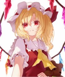 Rule 34 | 1girl, absurdres, ascot, blonde hair, collarbone, commentary request, crystal, flandre scarlet, frilled shirt collar, frills, hair between eyes, hat, hat ribbon, highres, holding, holding stuffed toy, long hair, looking at viewer, mob cap, nekohashi, one side up, partial commentary, puffy short sleeves, puffy sleeves, red eyes, red ribbon, red vest, ribbon, shirt, short sleeves, simple background, solo, stuffed animal, stuffed toy, teddy bear, touhou, upper body, vest, white background, white hat, white shirt, wings, yellow ascot