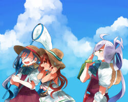 Rule 34 | 3girls, ahoge, aqua bow, aqua bowtie, asashimo (kancolle), blue hair, blush, bow, bowtie, brown eyes, brown hair, butterfly net, closed eyes, cloud, cloudy sky, collared shirt, day, dress, fang, grey eyes, grey hair, hand net, hat, holding, holding butterfly net, itomugi-kun, kantai collection, kiyoshimo (kancolle), libeccio (kancolle), long hair, low twintails, multicolored hair, multiple girls, neckerchief, open mouth, outdoors, pleated dress, purple dress, sailor dress, shirt, short sleeves, skin fang, sky, sleeveless, sleeveless dress, smile, sun hat, twintails, white dress, white shirt