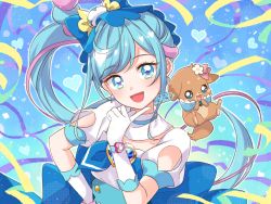 Rule 34 | 1girl, apron, blouse, blue background, blue eyes, blue hair, blue theme, brooch, cure spicy, delicious party precure, dog, earrings, gloves, heart, heart background, heart brooch, highres, huge bow, jewelry, long hair, looking at viewer, magical girl, open mouth, pam-pam (precure), precure, puffy short sleeves, puffy sleeves, senotarou, shirt, short sleeves, side ponytail, smartwatch, smile, upper body, very long hair, white gloves, white shirt, wristwatch