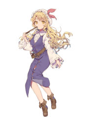 Rule 34 | 1girl, belt, blonde hair, boots, bow, brown footwear, buttons, expressionless, folding fan, full body, hand fan, hat, hat bow, highres, long hair, long skirt, long sleeves, looking at viewer, miebao, mob cap, purple skirt, red bow, simple background, skirt, solo, touhou, vest, watatsuki no toyohime, wavy hair, white background, wide sleeves, yellow eyes