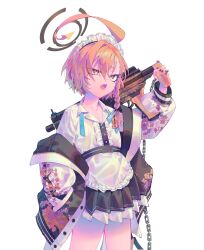 Rule 34 | 1girl, absurdres, ahoge, apron, blue archive, braid, chain, commentary, gun, hair between eyes, halo, hand in pocket, highres, holding, holding gun, holding weapon, huge ahoge, jacket, long sleeves, maid headdress, mole, mole under eye, neru (blue archive), off shoulder, open clothes, open jacket, open mouth, orange hair, over shoulder, pleated skirt, red eyes, shirt, short hair, side braid, simple background, skirt, solo, sukajan, symbol-only commentary, waist apron, weapon, weapon over shoulder, white apron, white background, yu1 na12