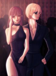 Rule 34 | 2girls, alternate costume, bag, bare legs, bare shoulders, black choker, black dress, black nails, black suit, breasts, brown hair, cawnyelo, chainsaw man, choker, cleavage, collarbone, couple, dating, dress, expressionless, eyepatch, formal, handbag, highres, holding, holding sword, holding weapon, long hair, looking to the side, makima (chainsaw man), medium breasts, multiple girls, nail polish, open collar, ponytail, quanxi (chainsaw man), ringed eyes, suit, sword, weapon, white hair, yellow eyes